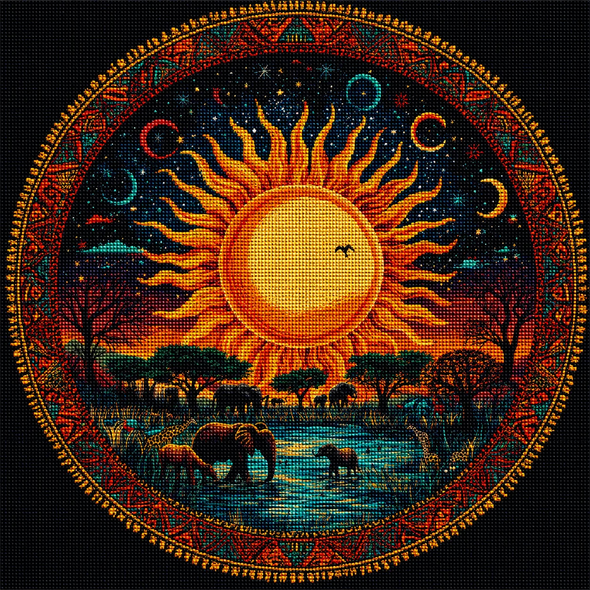 Yellow Sun African Animal Circle Diamond Art Kit — diamond art kit canvas
