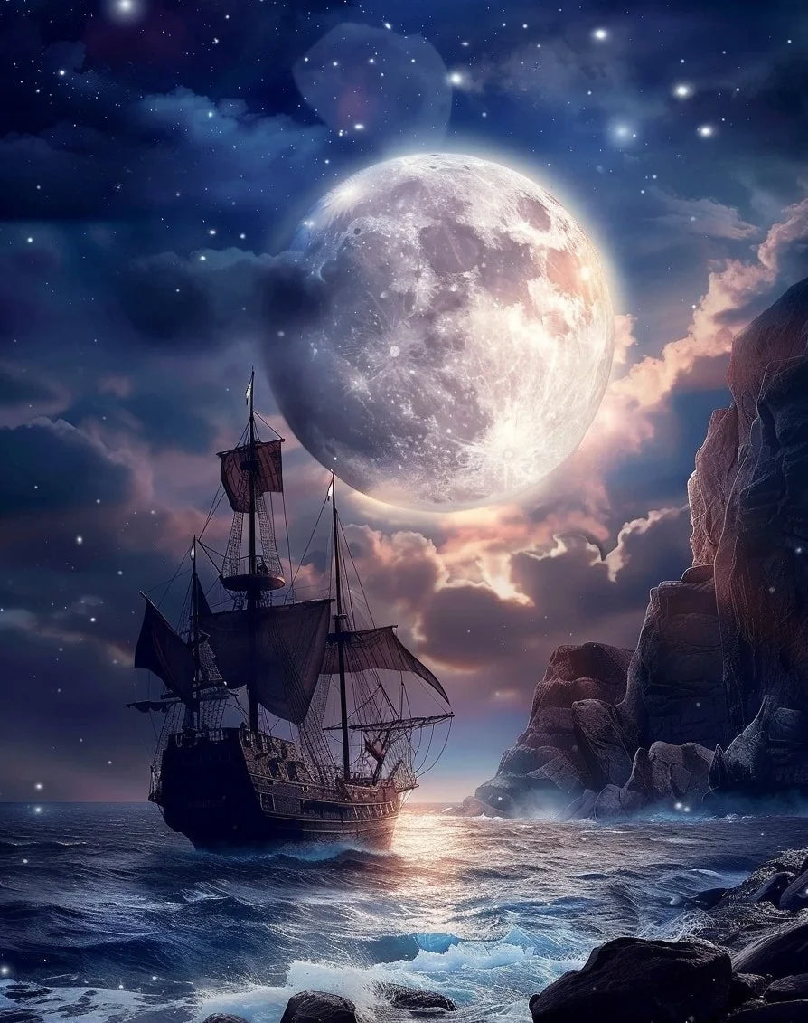 Pirate Ship At Full Moon Diamond Art Kit