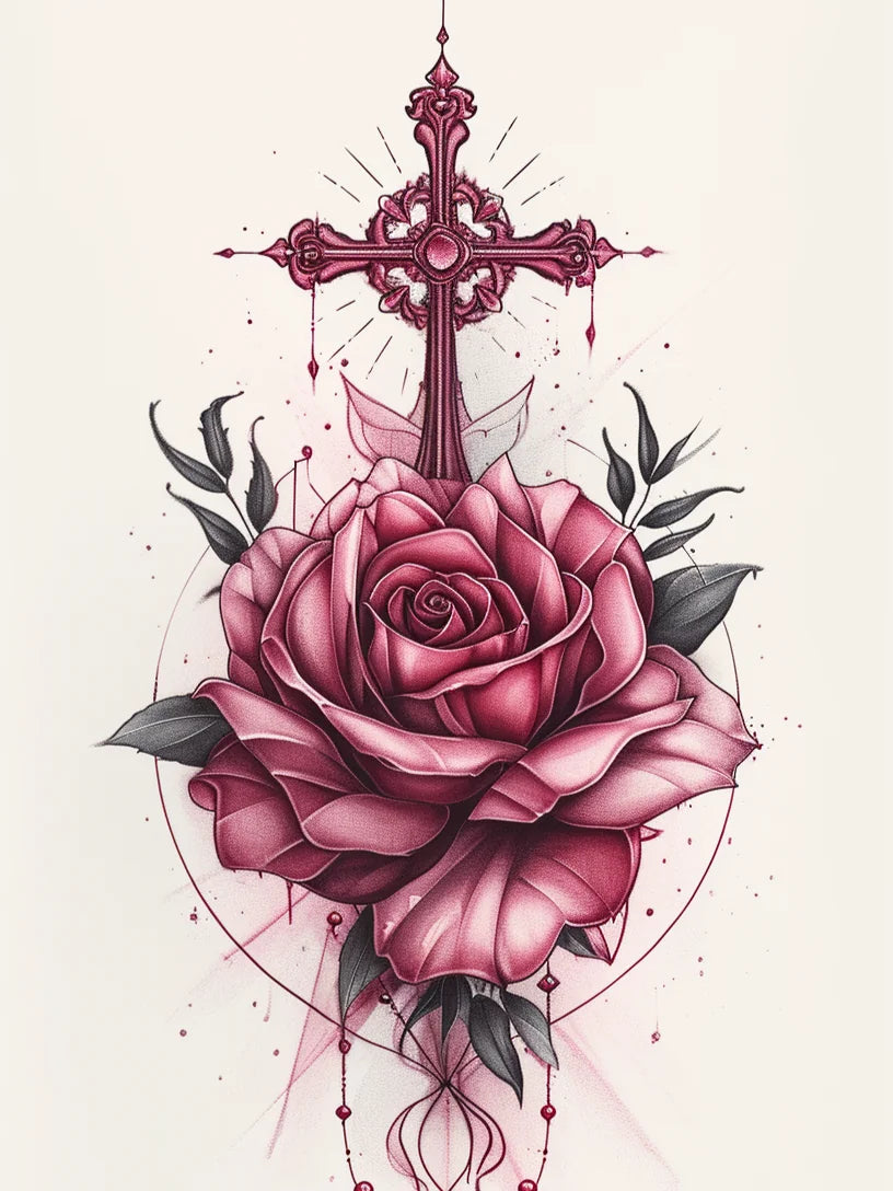 Pink Rose And Cross Diamond Art Kit