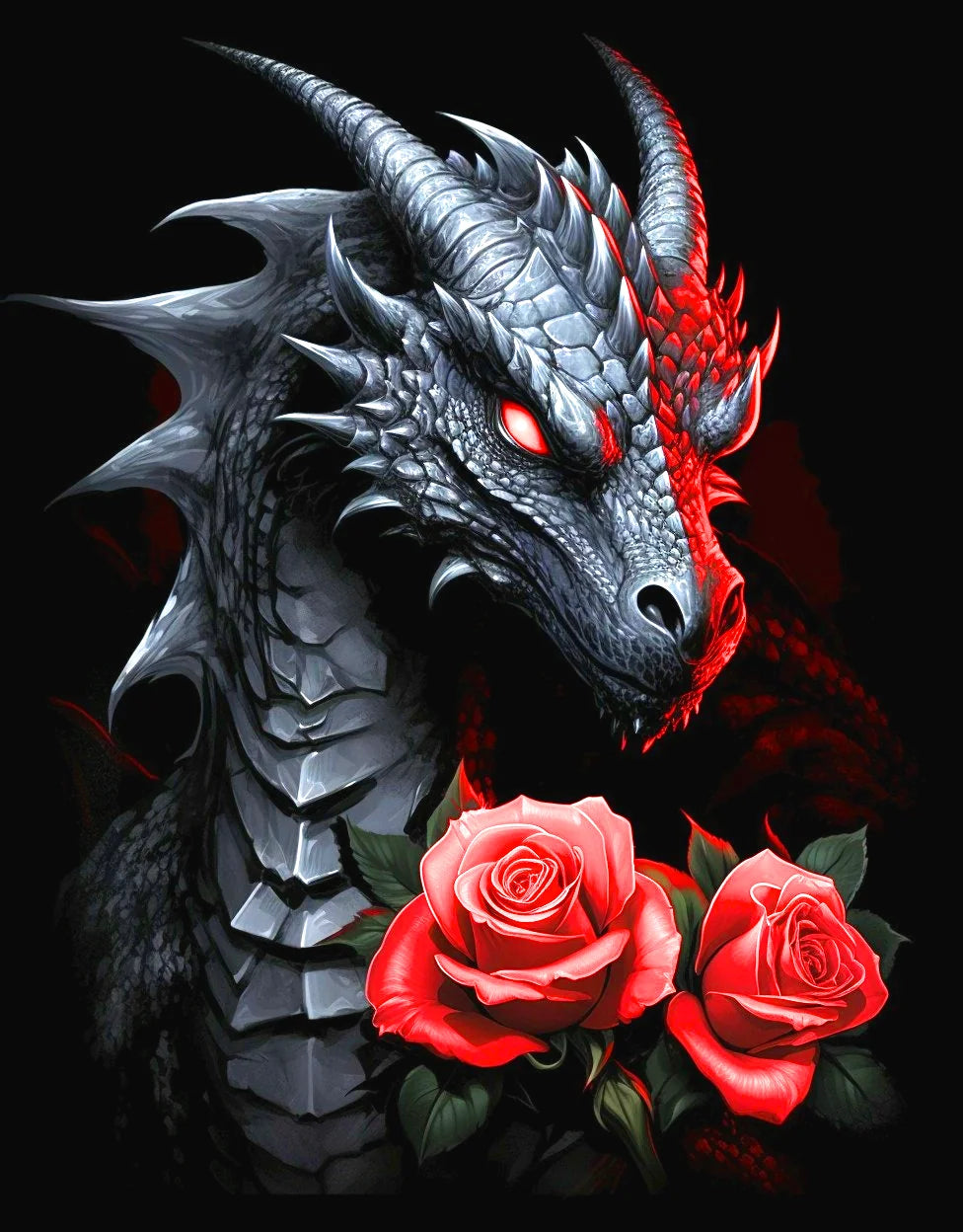 Black Dragon With Two Roses Diamond Art Kit