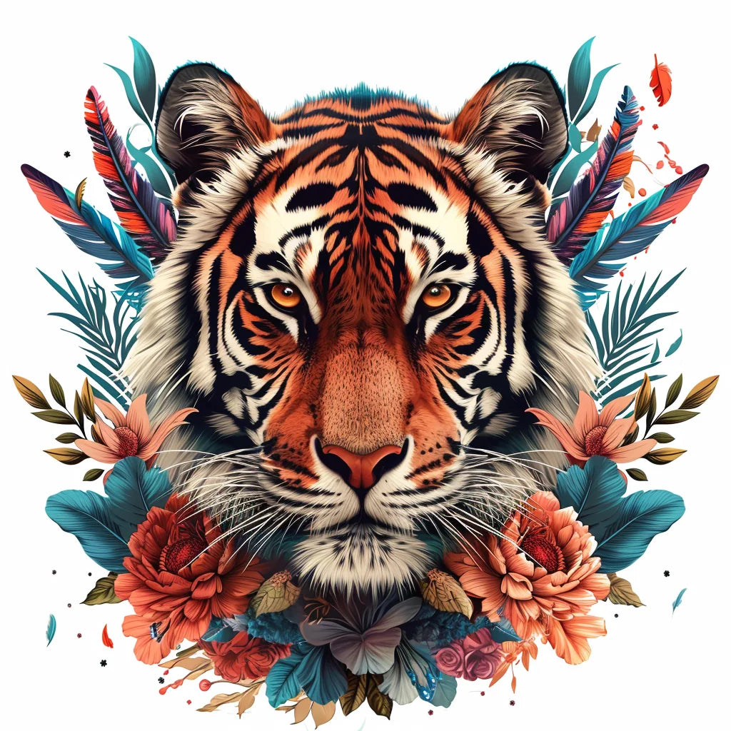 Orange Tiger Feather And Flowers Diamond Art Kit
