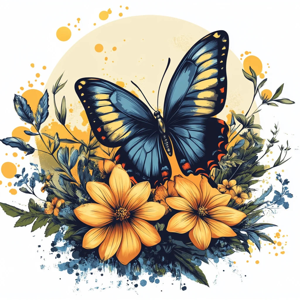 Blue And Yellow Butterfly Yellow Flowers Diamond Art Kit