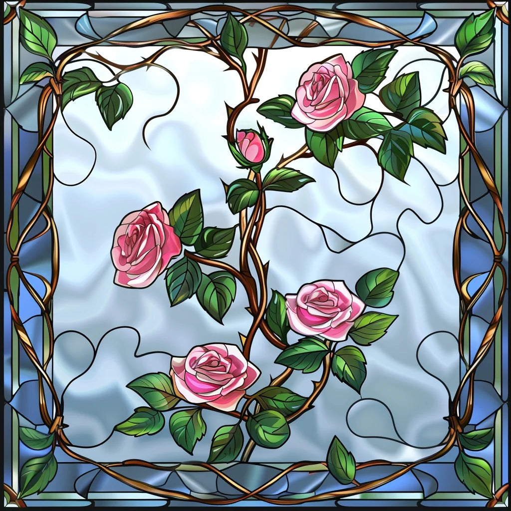Blue Border Pink Climbing Rose Abstract Diamond Art Kit