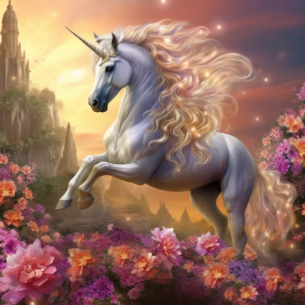 White Unicorn And Flowers Diamond Art Kit