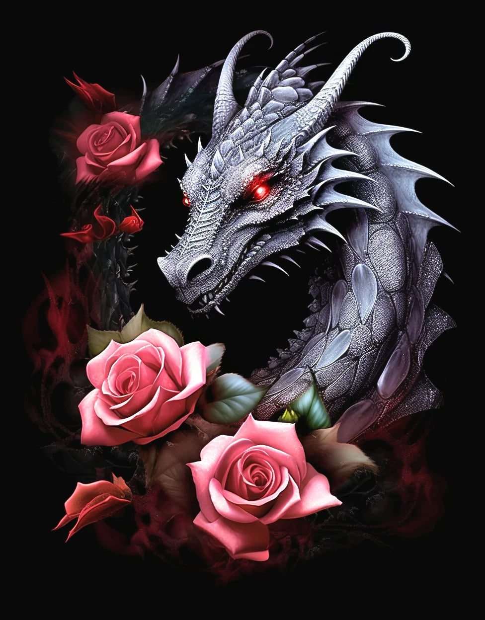 Gray Dragon Pink Roses Diamond Art Kit