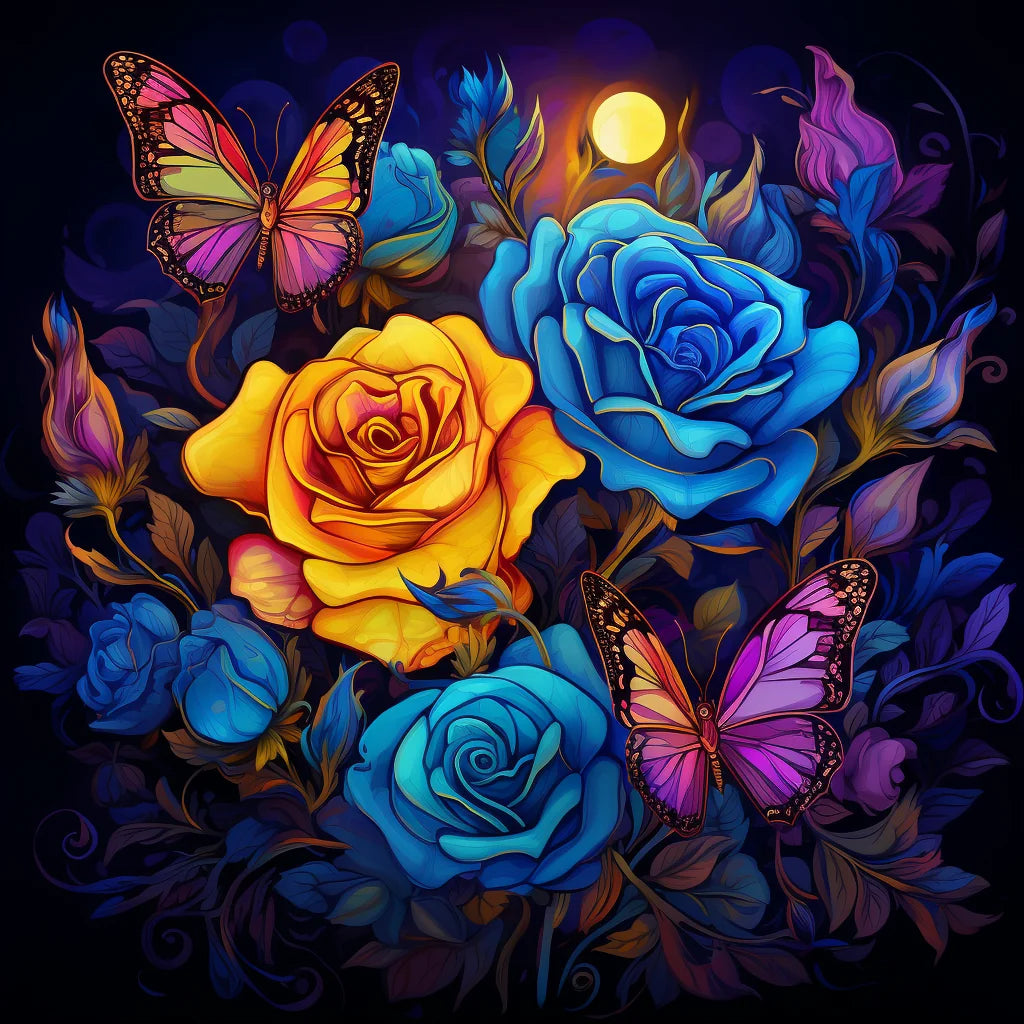 Yellow Blue Roses And Butterflies Diamond Art Kit