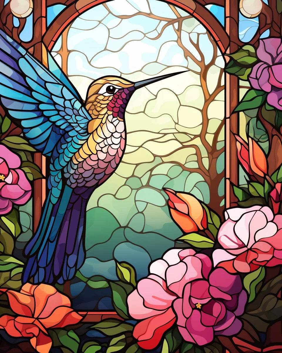Colorful Flower Abstract Hummingbird Diamond Art Kit
