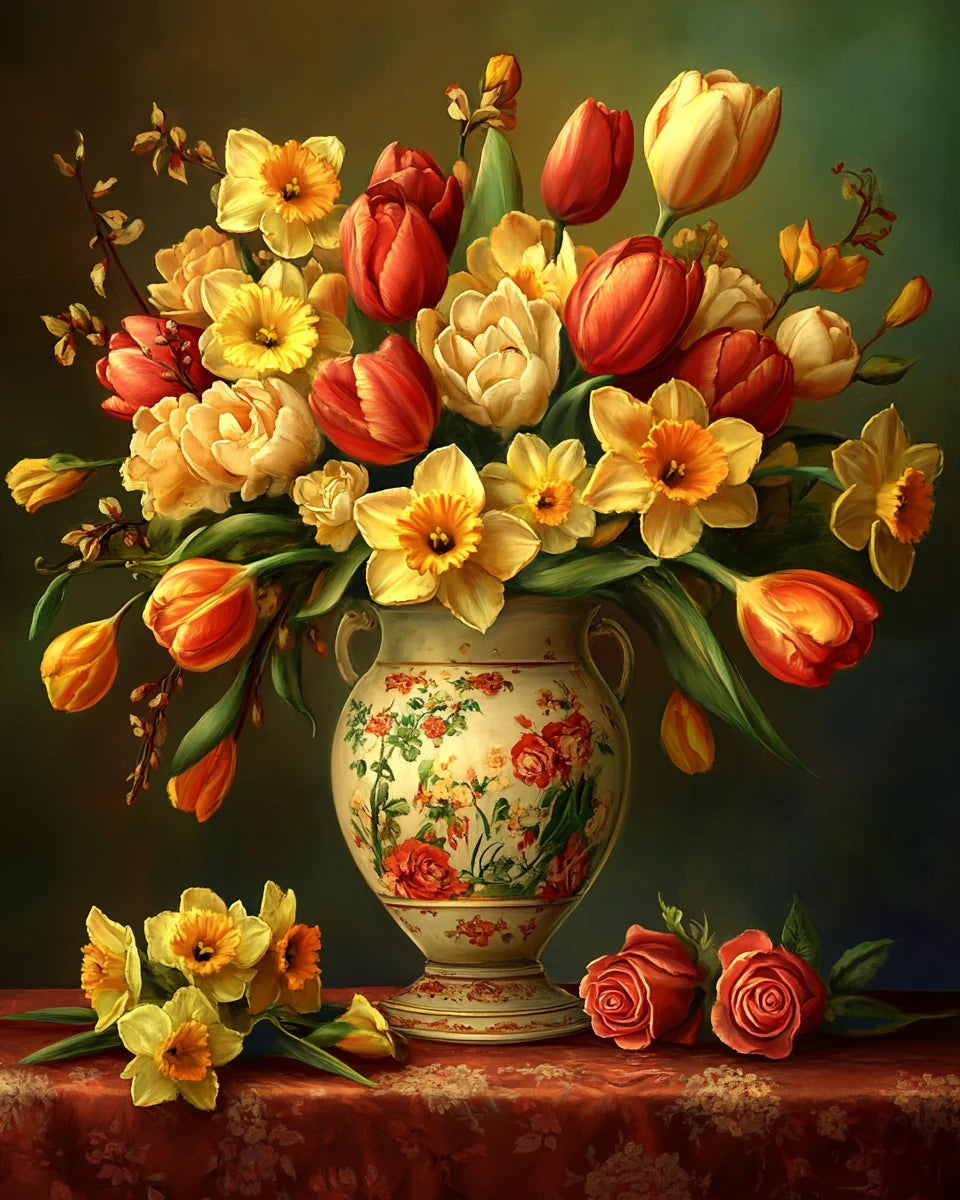 Yellow Daffodils And Tulip Vase Bouquet Diamond Art Kit