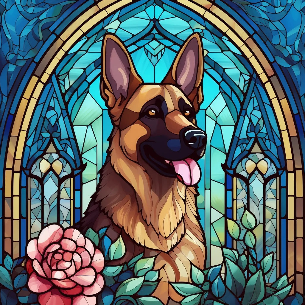 Pink Flower German Shepherd Abstract Diamond Art Kit