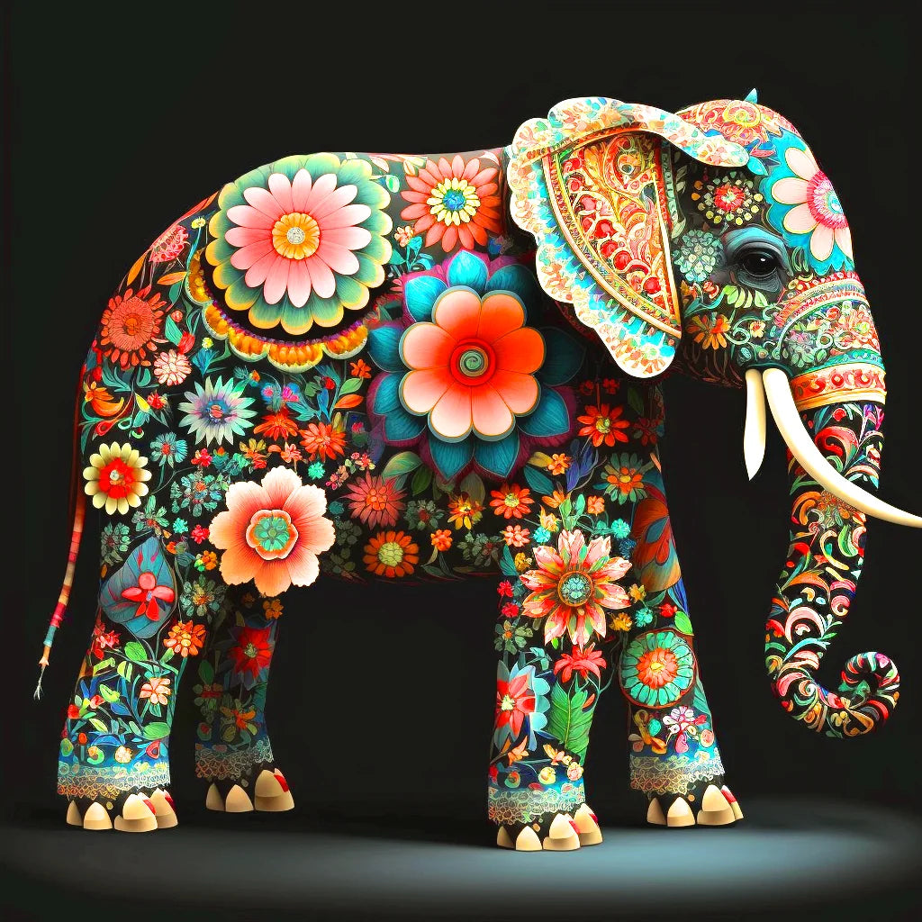 Pattern Of Flowers Elephant Diamond Art Kit