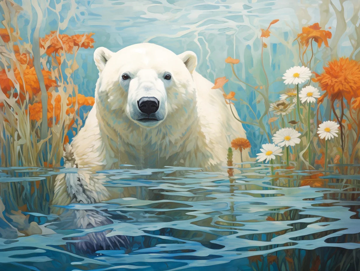 Orange White Flower Polar Bear Diamond Art Kit