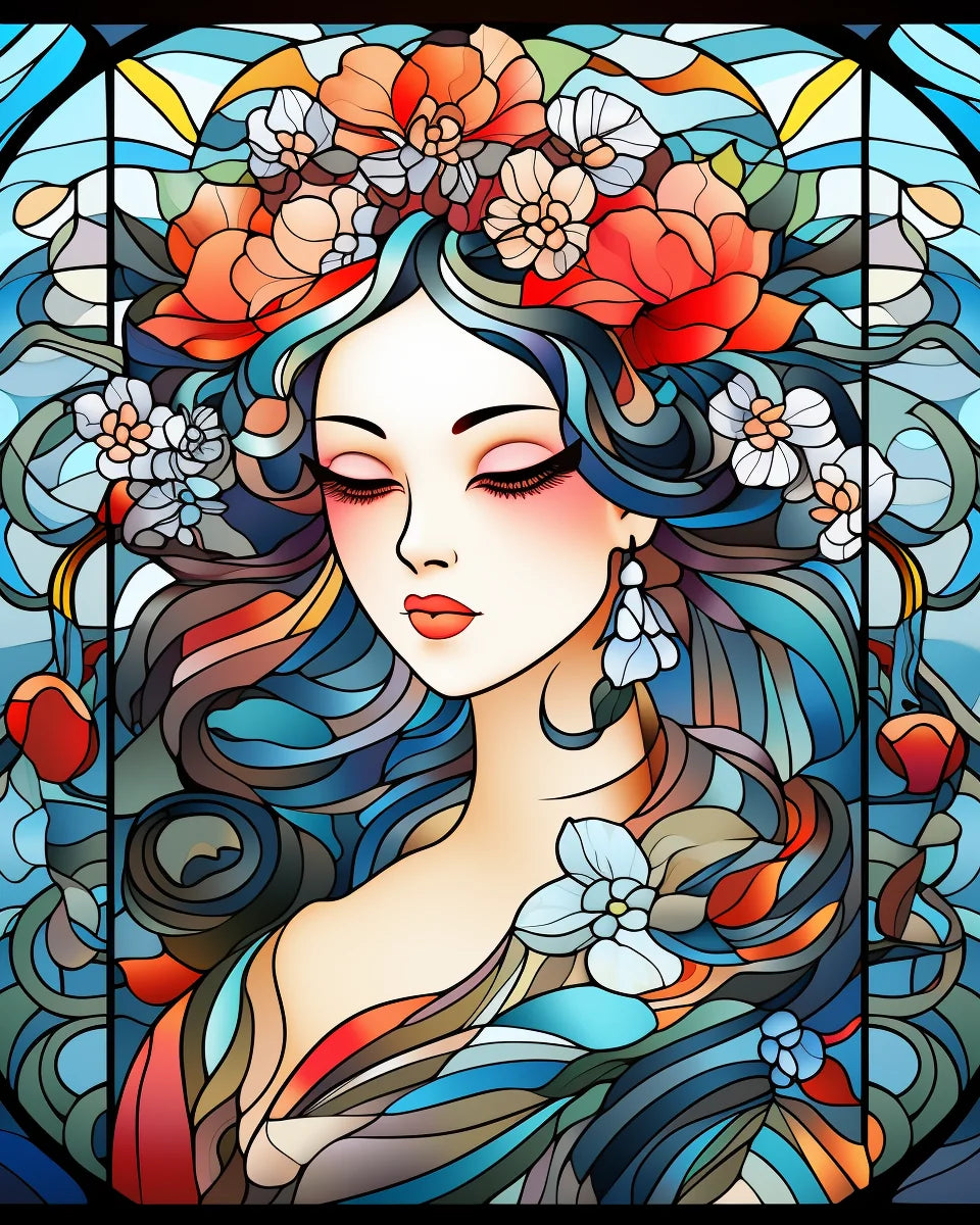 Green Blue Geisha Girl Abstract Diamond Art Kit
