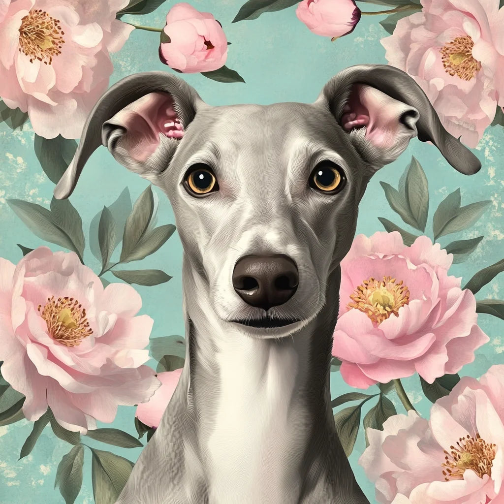 Light Grey Greyhound Flowers Diamond Art Kit