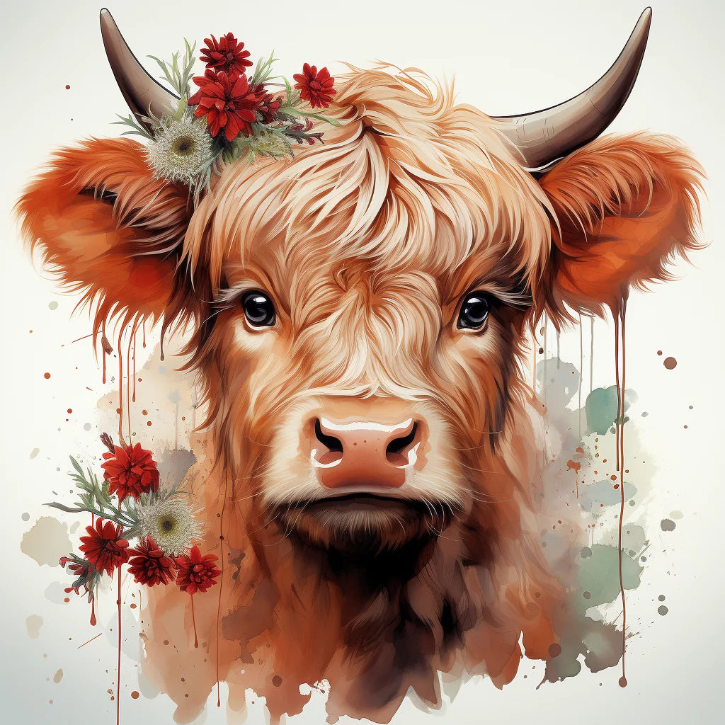 Red Flower Highland Cow Diamond Art Kit