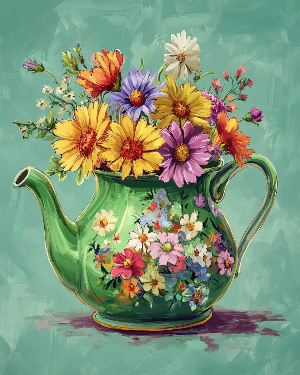Green Teapot Flowers Diamond Art Kit