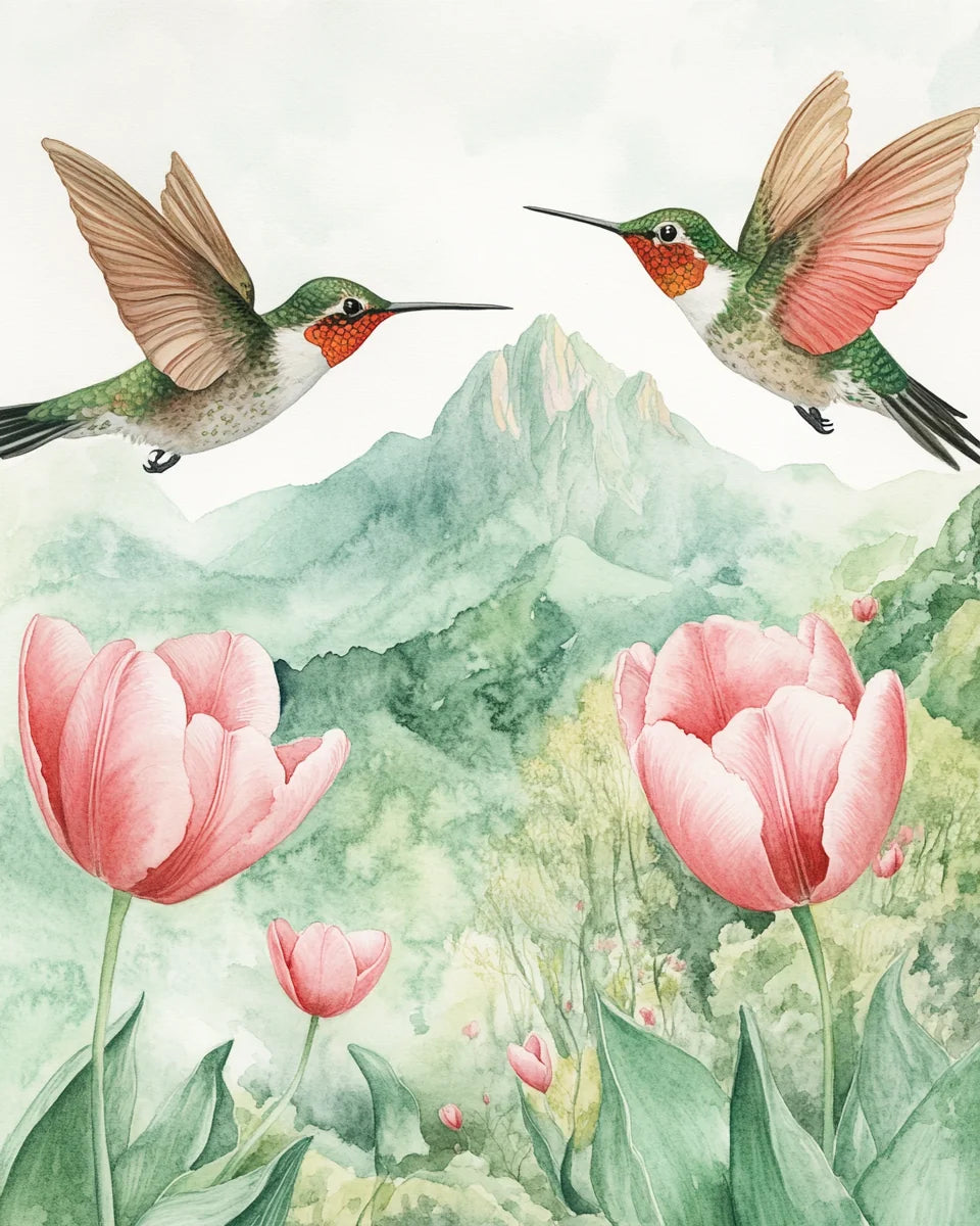 Pink Tulips And Hummingbirds Mountains Diamond Art Kit