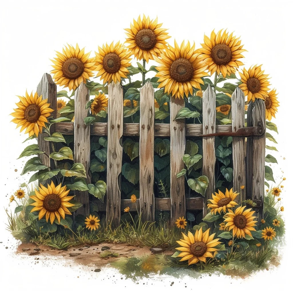 Wood Fence Sunflowers Diamond Art Kit
