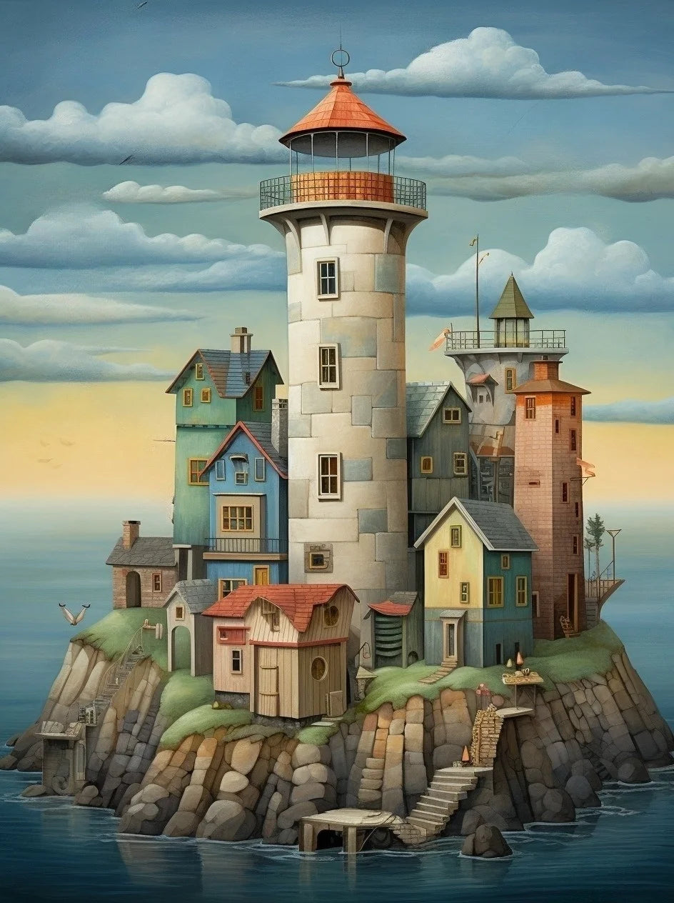Island Lighthouse And Village Diamond Art Kit