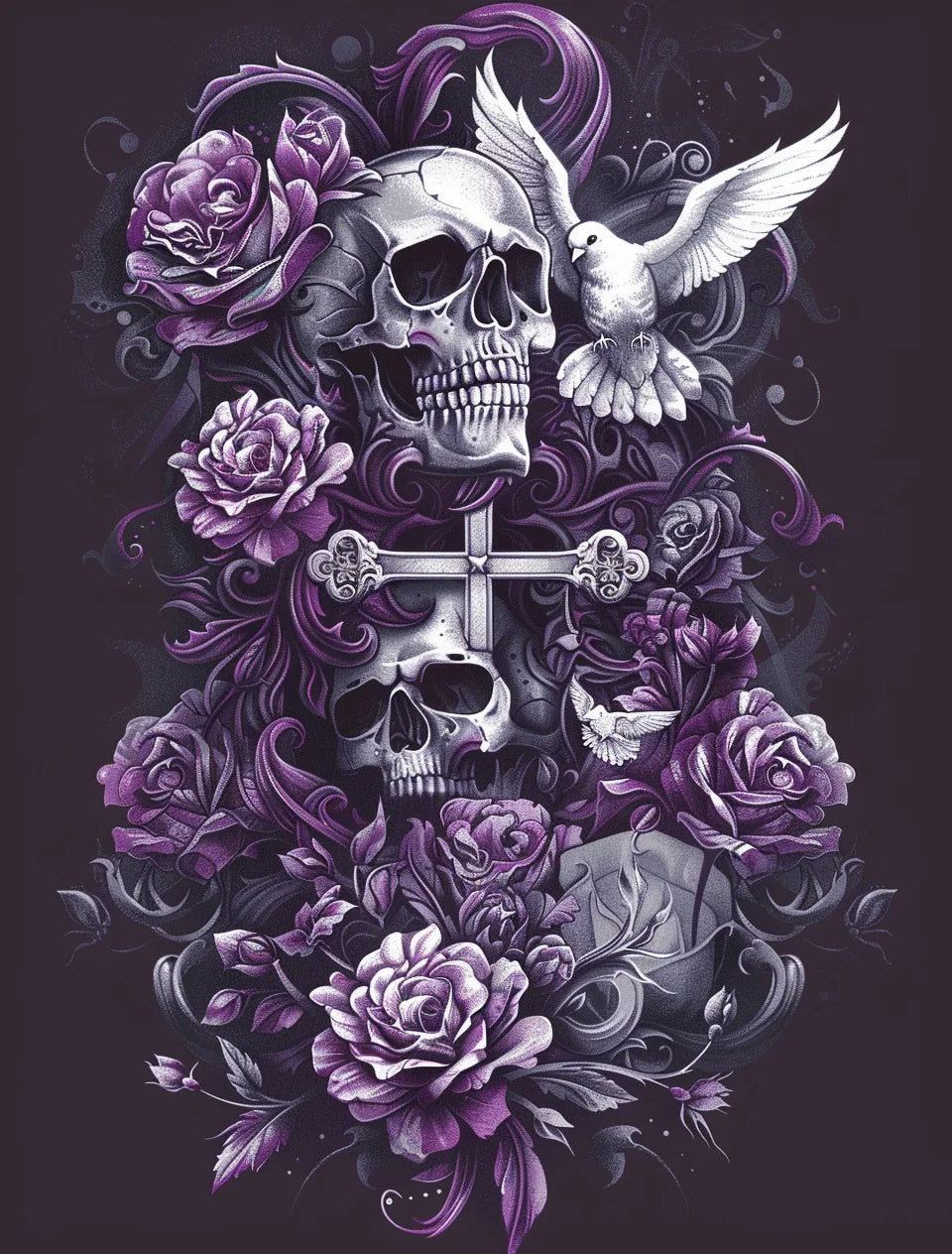 Two Skull Dove Flowers Diamond Art Kit