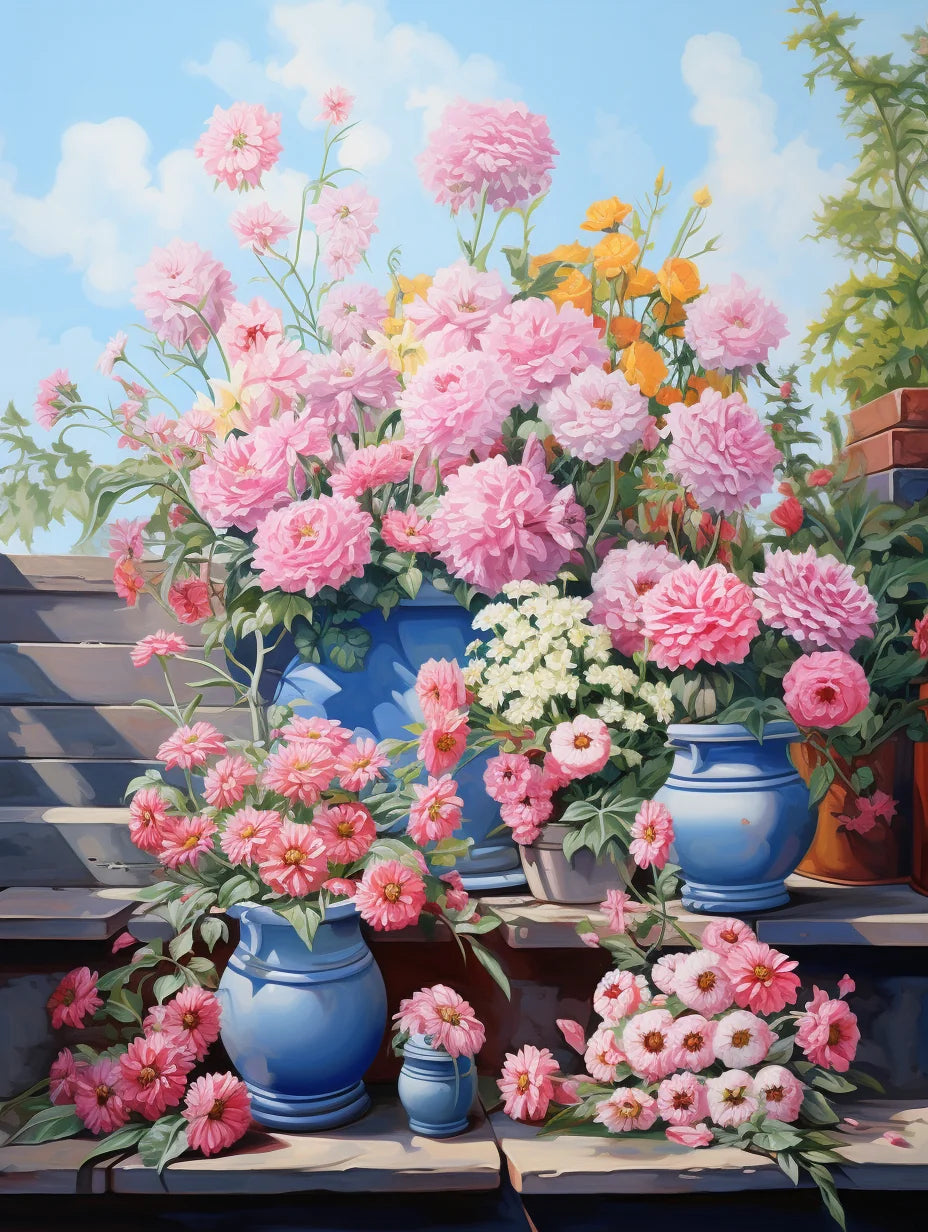 Pink Flowers In Blue Vases Diamond Art Kit