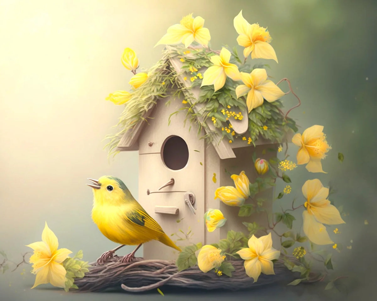 Yellow Bird Bird Flower Birdhouse Diamond Art Kit