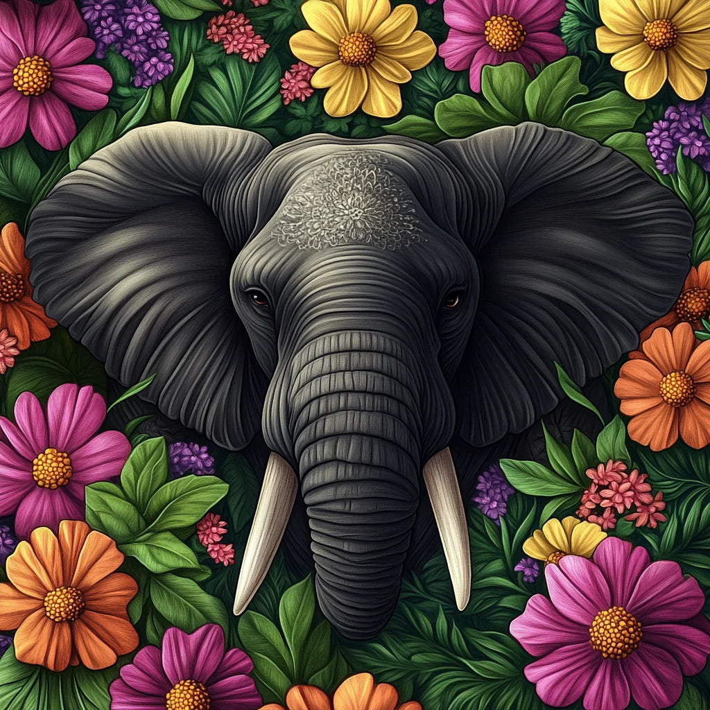 Dark Grey Elephant Flowers Diamond Art Kit