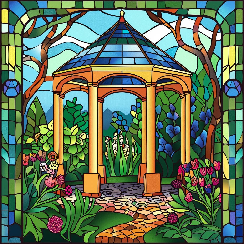 Blue Tile Roof Garden Gazebo Diamond Art Kit