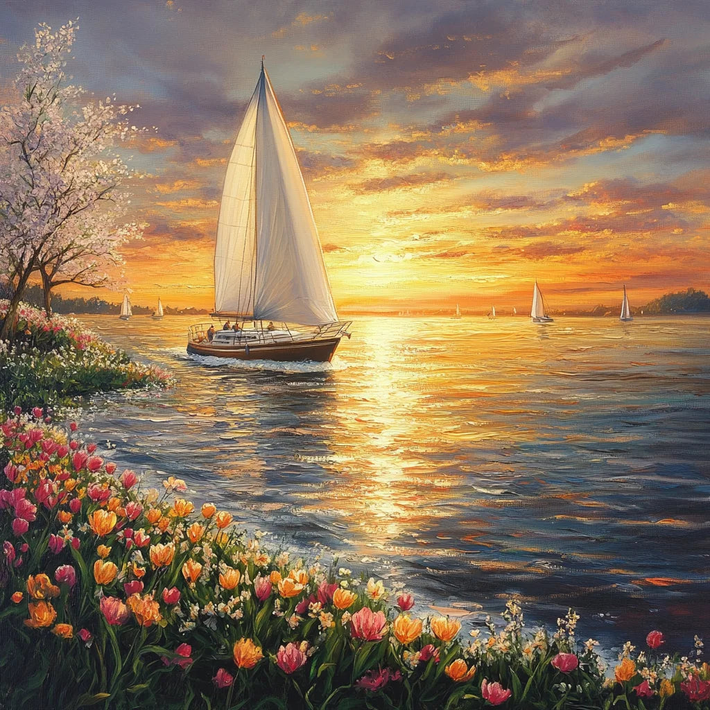 Pink Orange Tulips Sailboats Diamond Art Kit