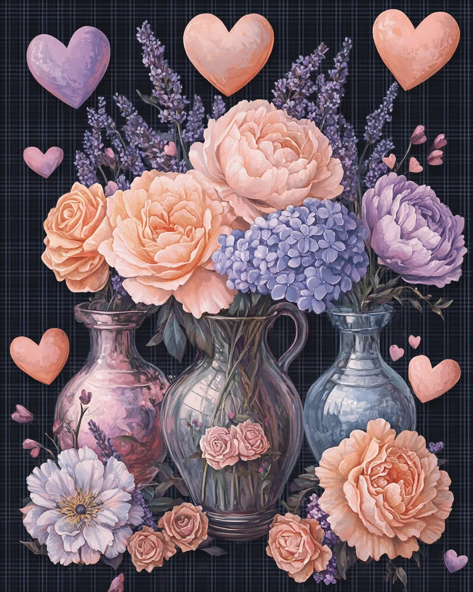 Hearts And Peony Vases Diamond Art Kit