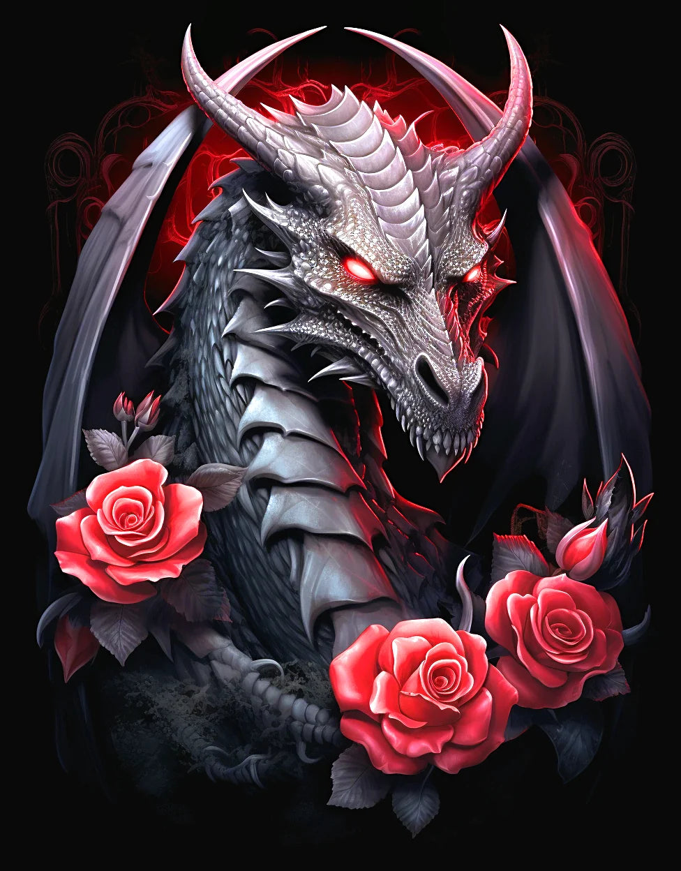 Black Dragon Three Pink Roses Diamond Art Kit