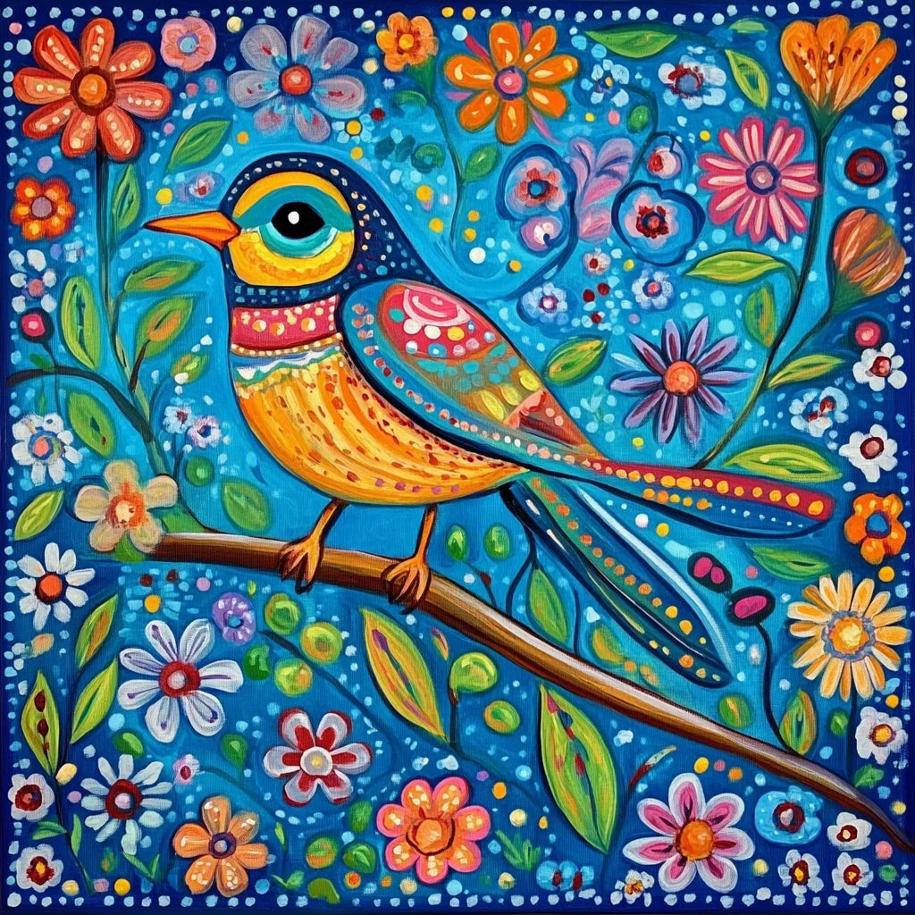 Green Leaves Bird Folk Art Diamond Art Kit