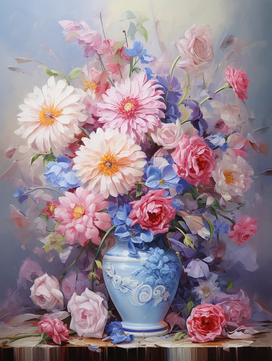 Pink And Blue Flowers In A Blue Vase Diamond Art Kit