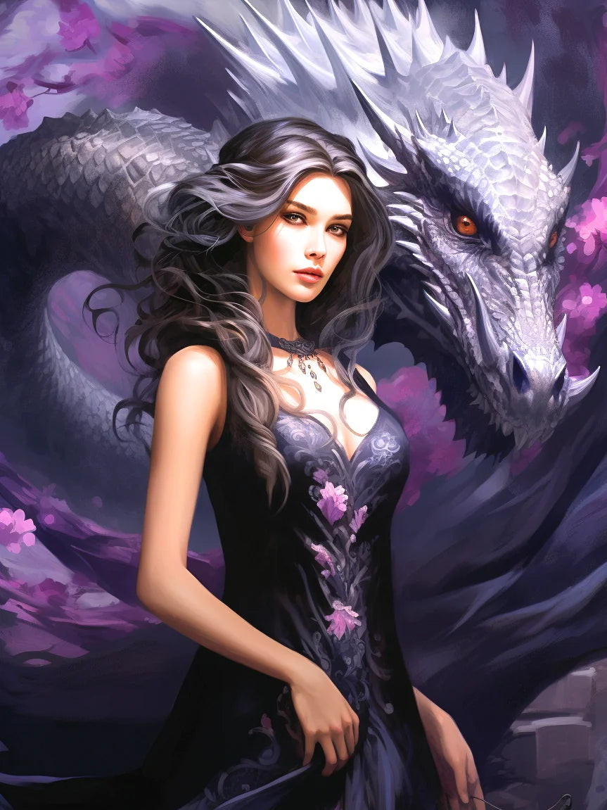 Purple Flower Dragon Woman Diamond Art Kit