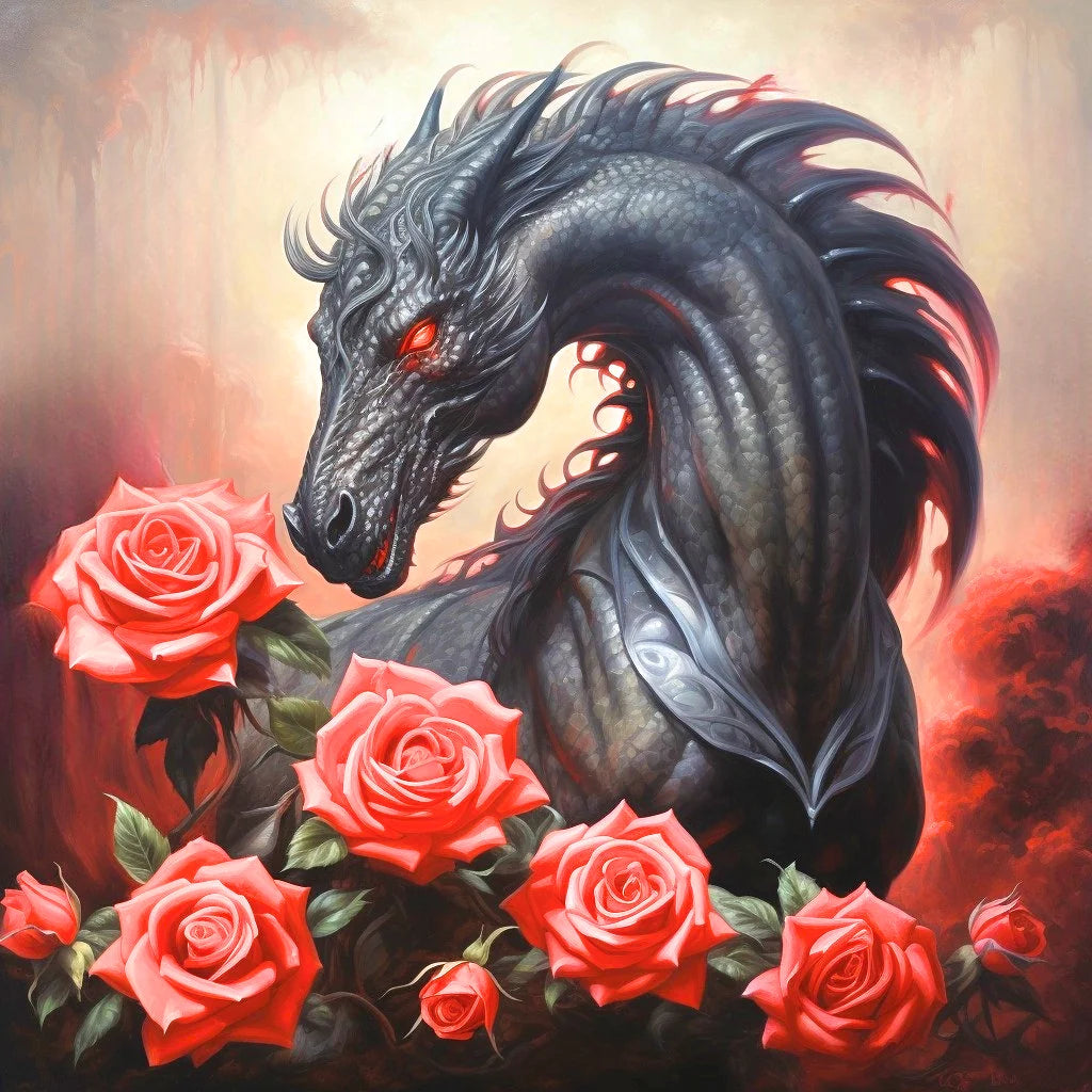 Black Dragon Horse Roses Diamond Art Kit