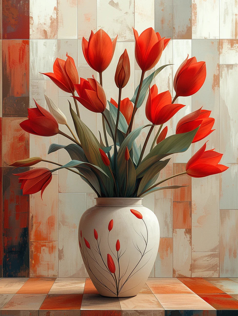 Cream Vase Red Tulips Diamond Art Kit