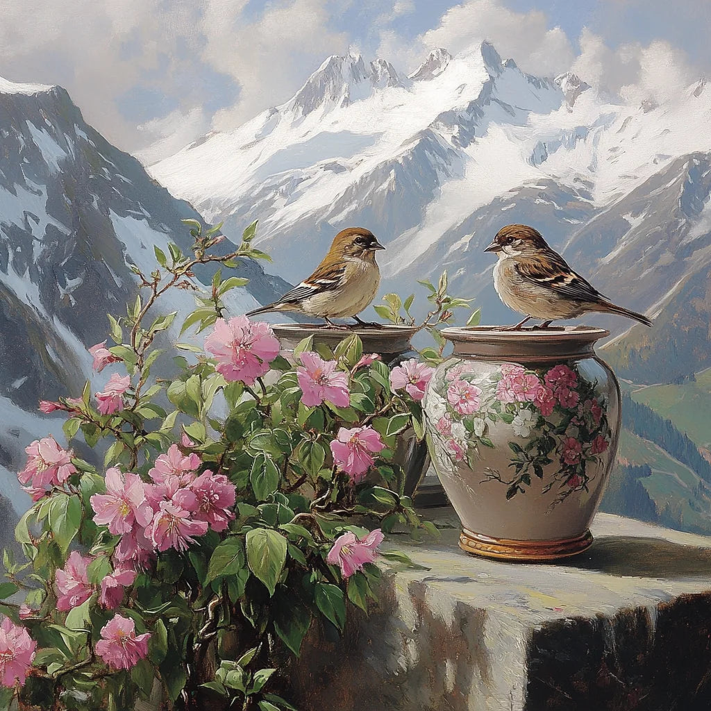 Pink Flowers By Vases Birds Diamond Art Kit