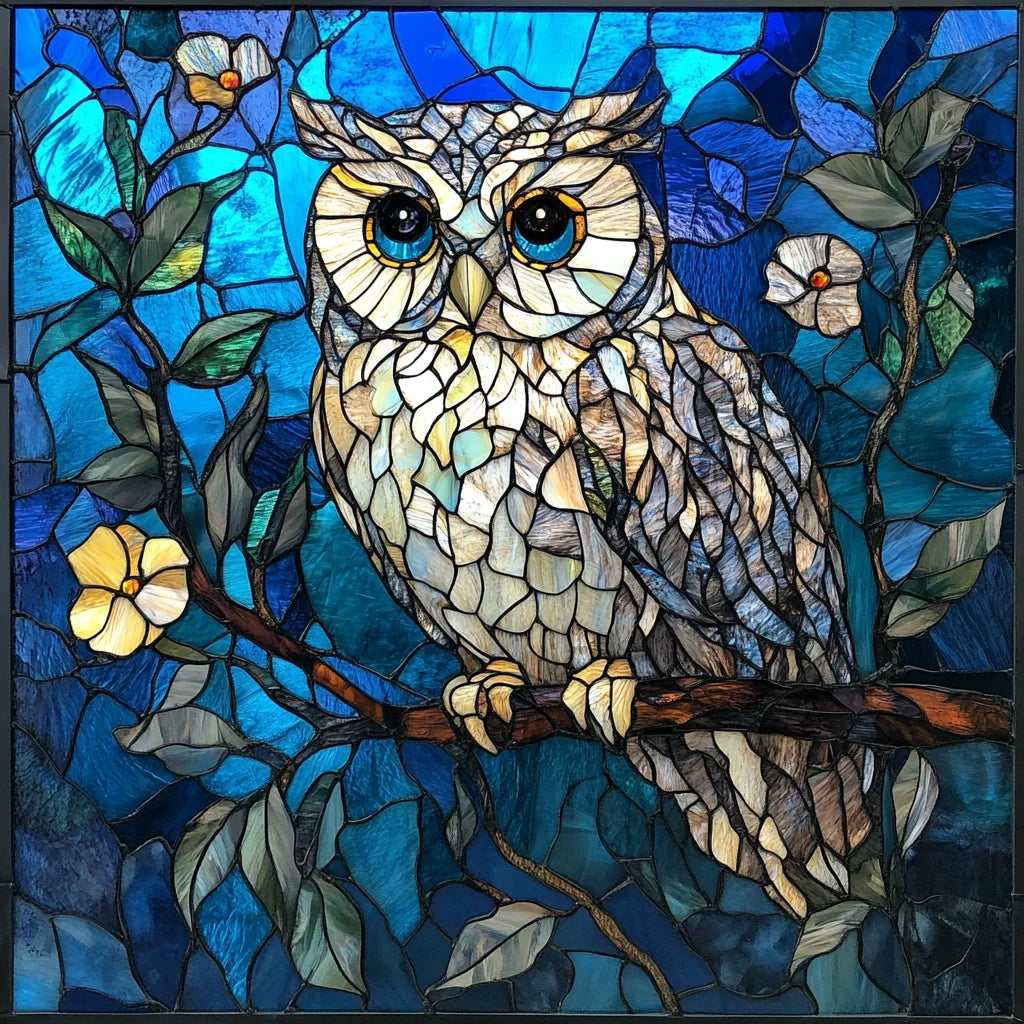 Blue Gray Abstract Owl Flowers Diamond Art Kit