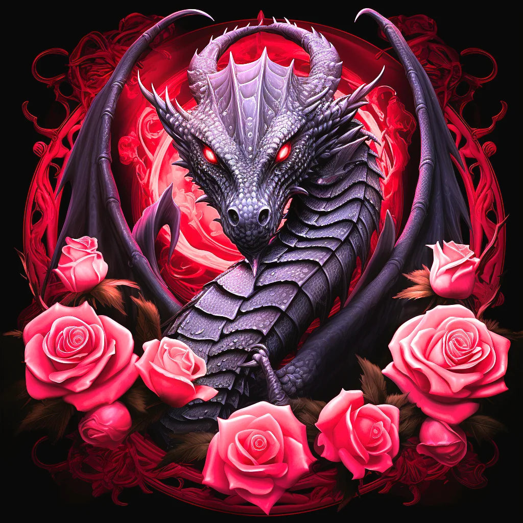 Black Dragon In Pink Roses Diamond Art Kit