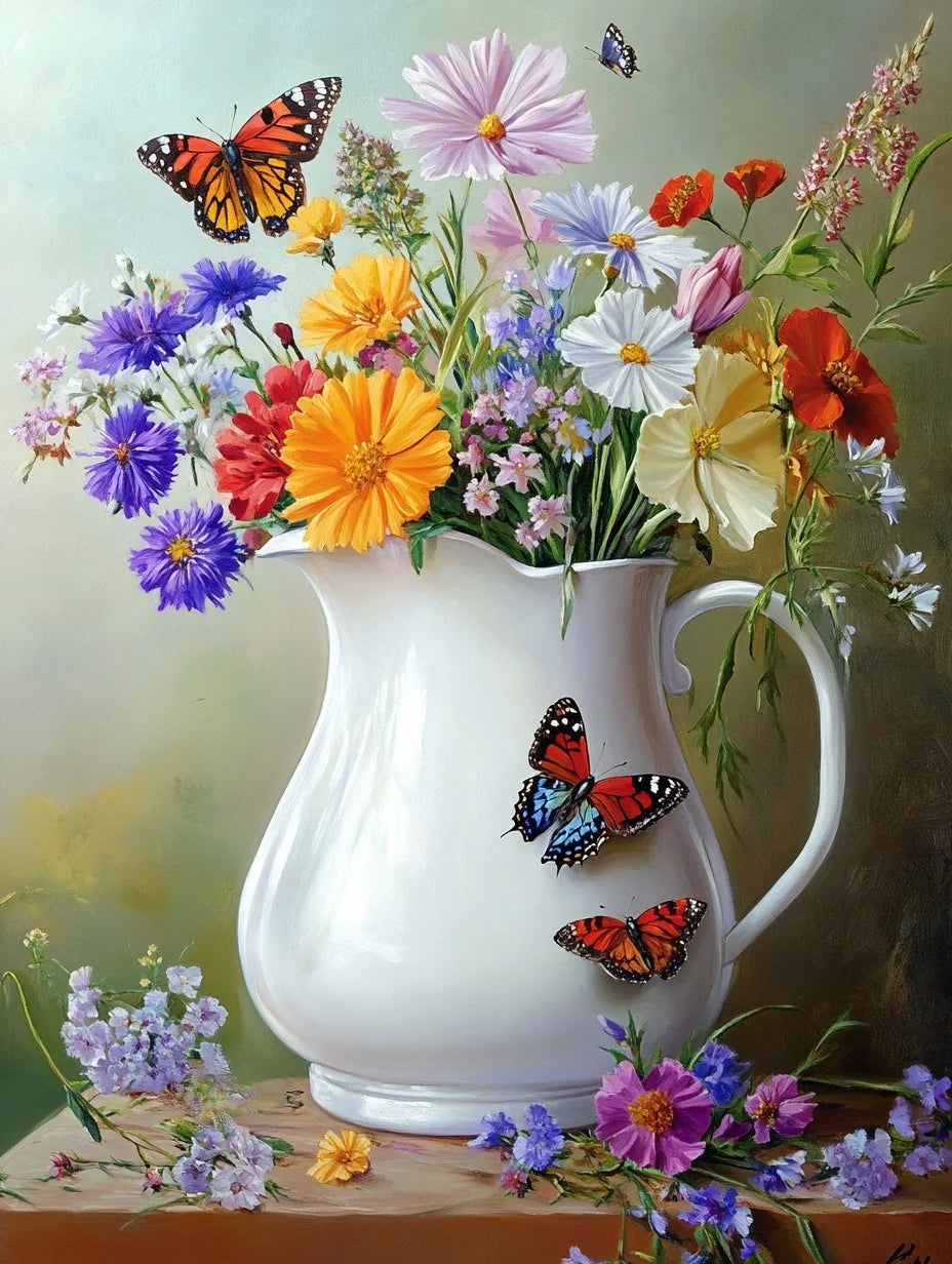 White Pitcher Garden Flowers Diamond Art Kit