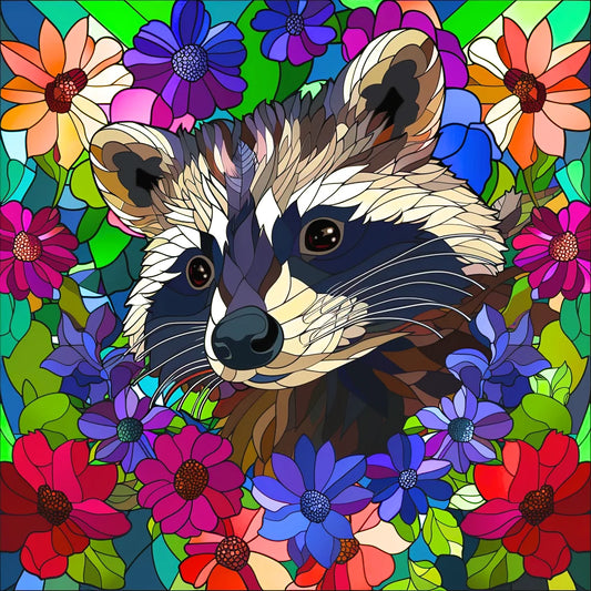 Abstract Raccoon Peeking From Flowers Diamond Art Kit