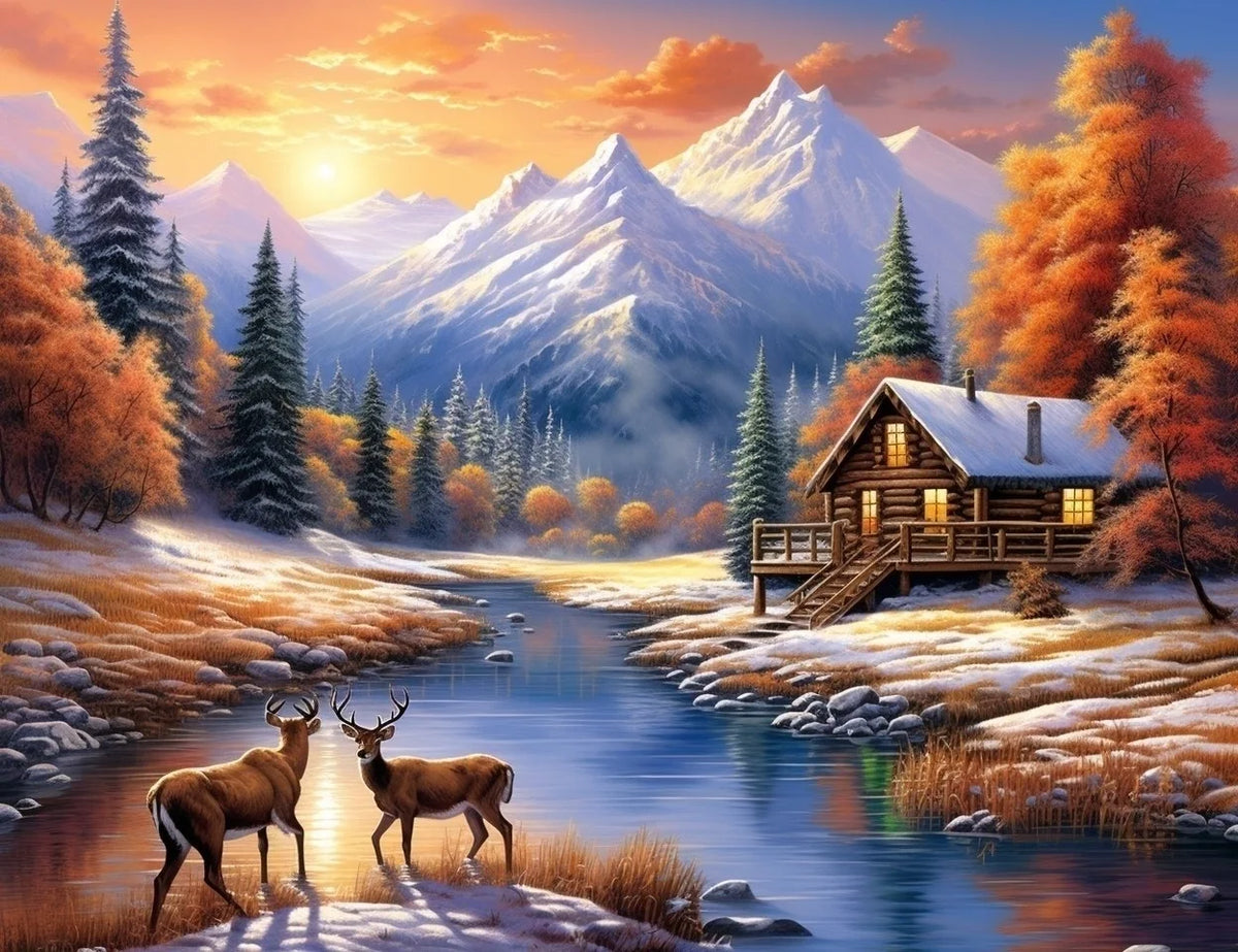 Mountain Cabin Two Bucks Diamond Art Kit
