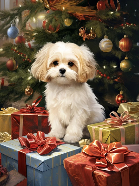 Puppy By The Christmas Tree Diamond Art Kit