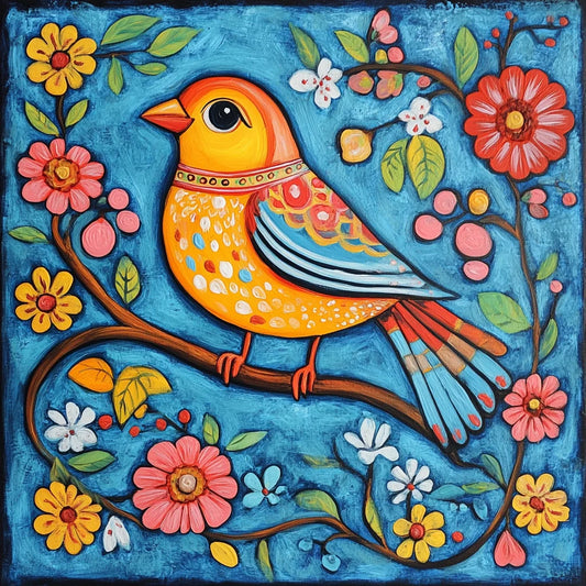 Yellow Bird Flowers Folk Art Diamond Art Kit