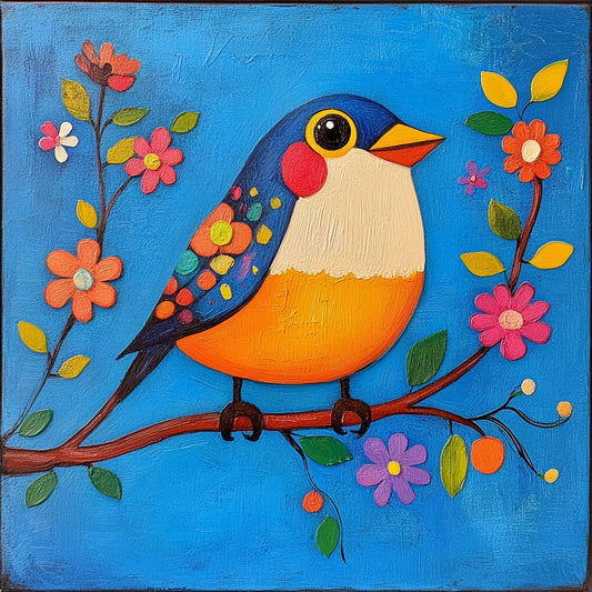 Little Bird Flowers Folk Art Diamond Art Kit
