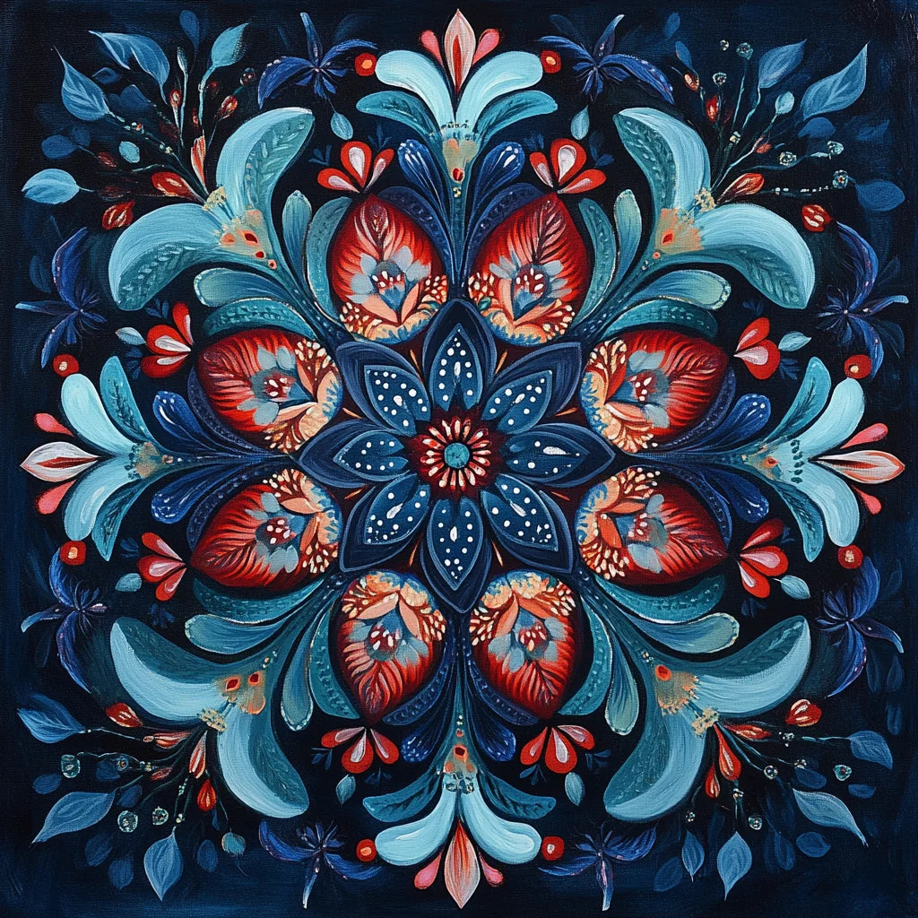 Red Center Blue Flower Mandala Diamond Art Kit
