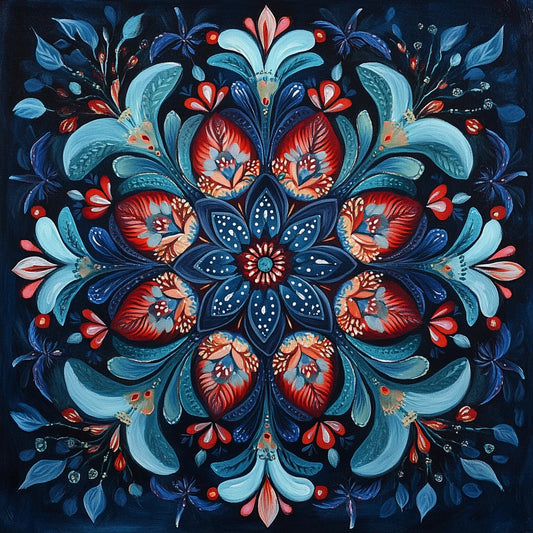 Red Center Blue Flower Mandala Diamond Art Kit