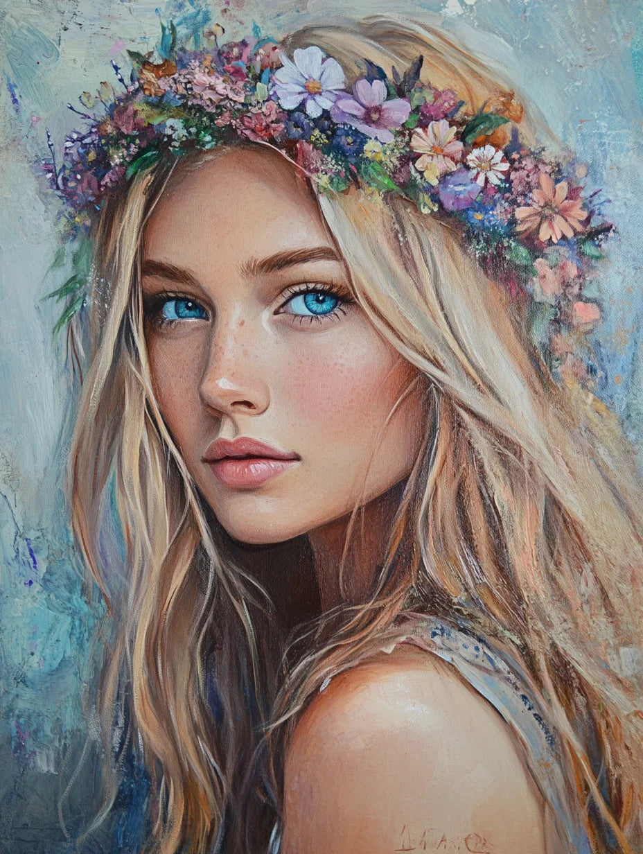 Blue Eyed Wildflower Crown Girl Diamond Art Kit