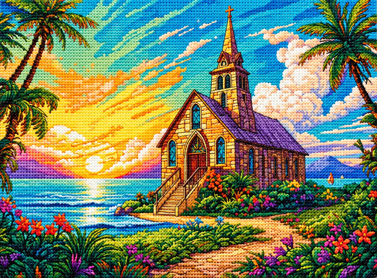 Brown Stone Church By The Sea Diamond Art Kit