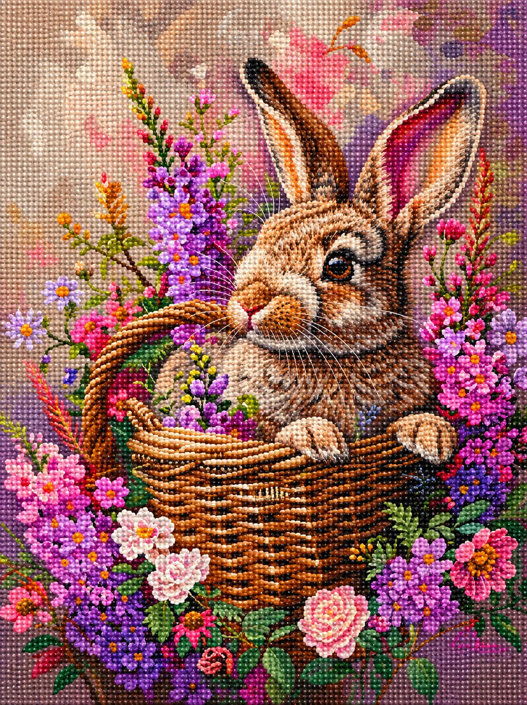 Flower Basket Brown Rabbit Diamond Art Kit