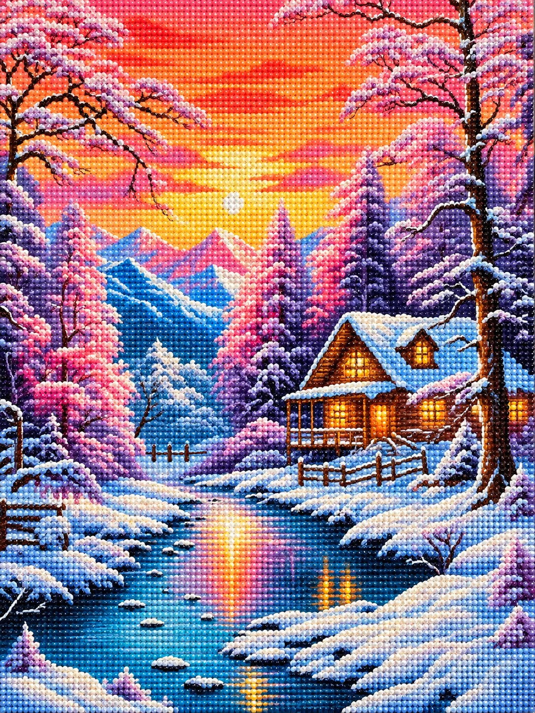 Orange Sky Lighted Snow Cabin Diamond Art Kit